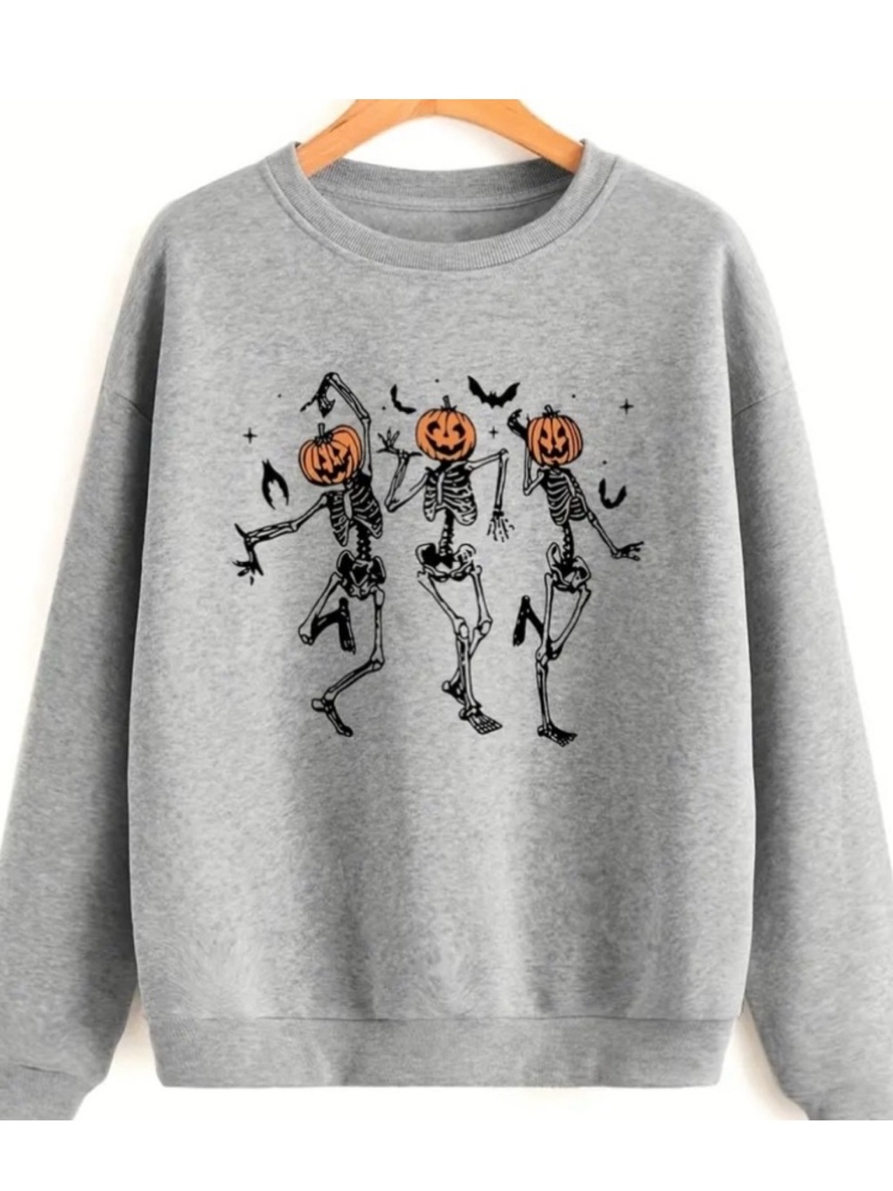 Pumpkin Head Dancing Skeleton Halloween Sweatshirt Gray Crewneck - Picture 4 of 15